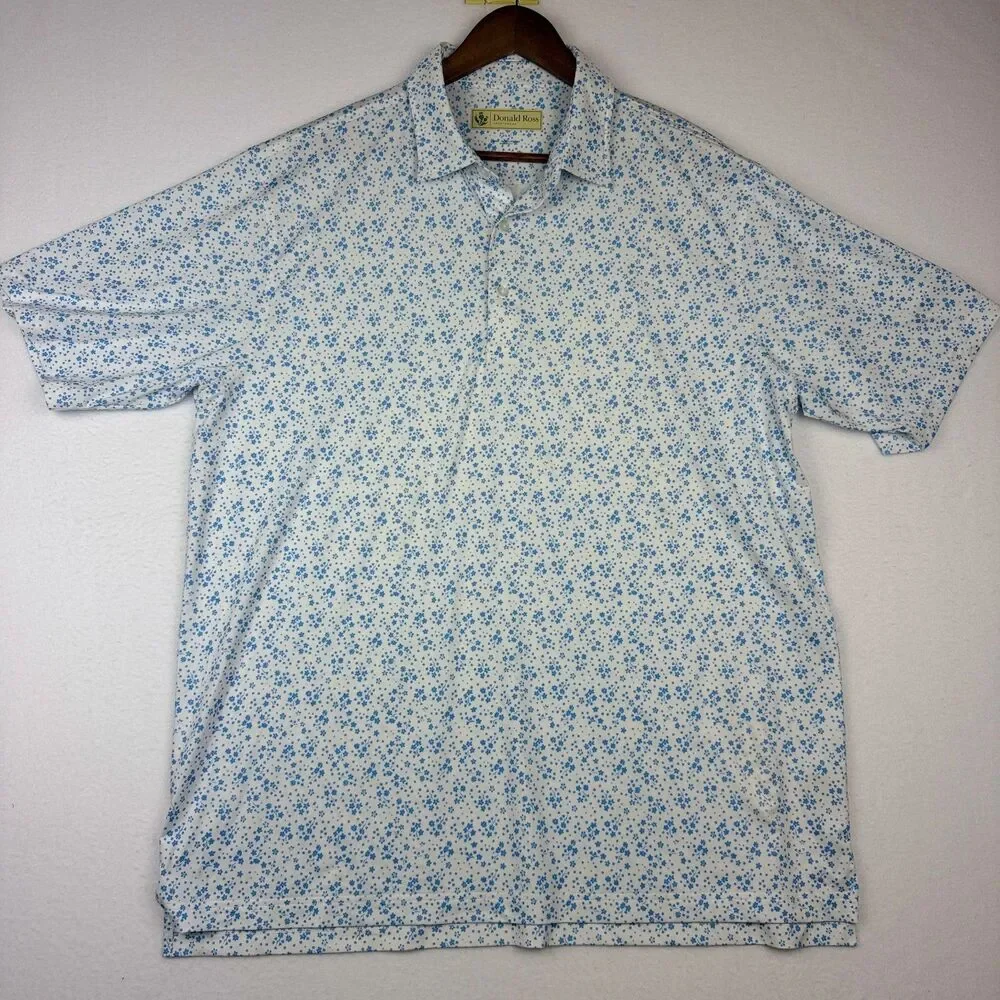 Donald Ross Men's Large Floral Performance Golf Polo Blue White Stretch